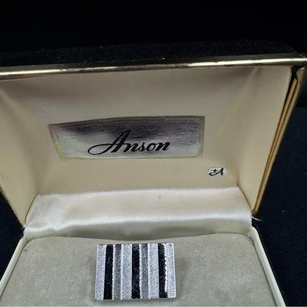 Vintage 60's Silver Tone Bar Anson Cufflinks and Tie Clip Set in Original Box